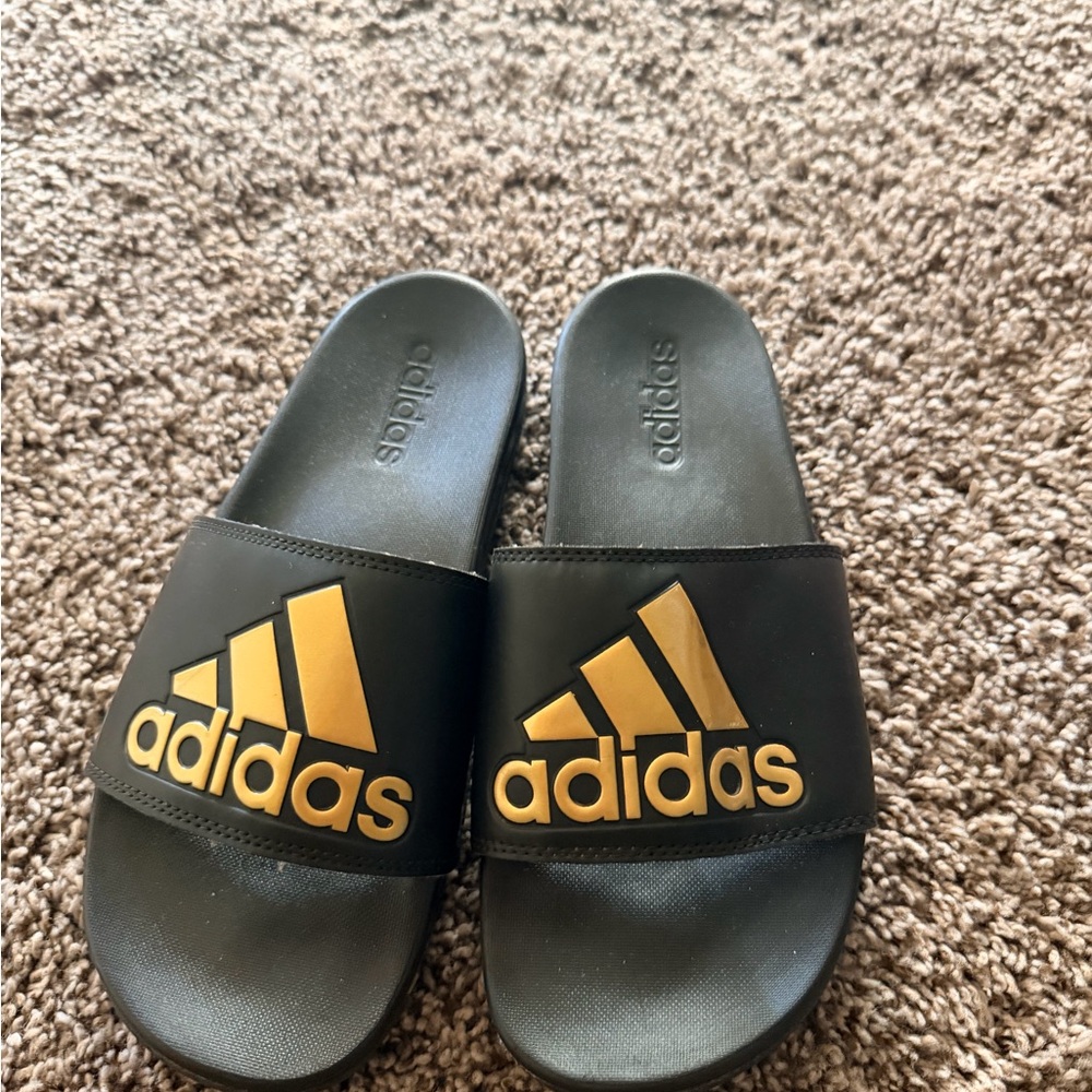 adidas Kids Black Slides with Gold Logo